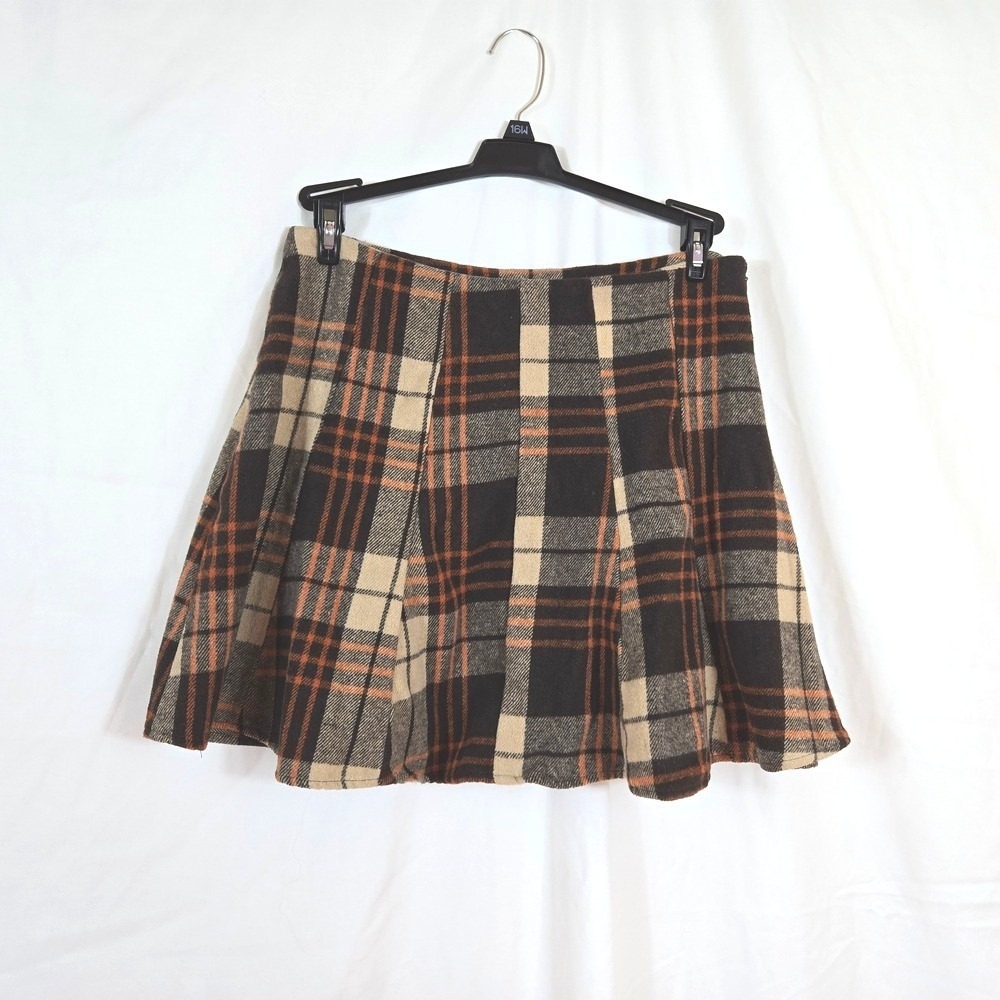 HYFVE Womens Brown Orange‎ Plaid Skater A-Line Y2K Indie Mini Skirt Large Retro
